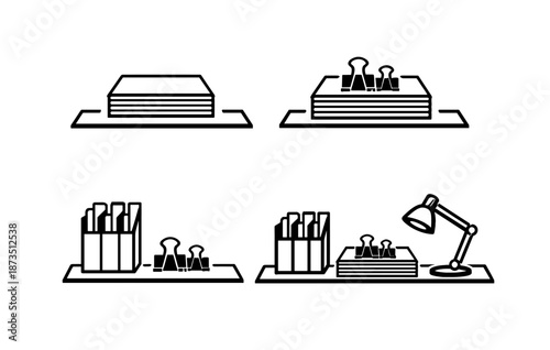 Office desk organization with files, binders, and lamp icons