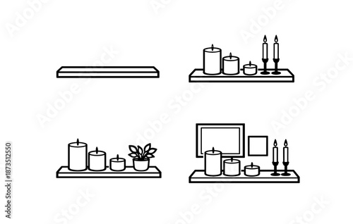 Minimalist decorative shelves with candles plant and frames