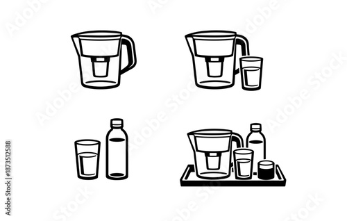 Water purification: filter pitcher, glass, and bottle set - black and white icons