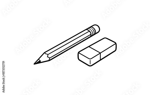Outline drawing of pencil and eraser on white background