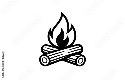 Black and white bonfire icon with logs and flames in minimalist design