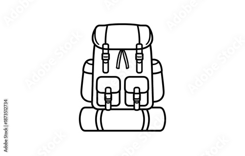 Detailed line art of a camping backpack with multiple buckles and pockets