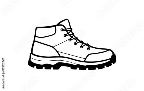 Black and white hiking boot illustration with laces and sturdy sole