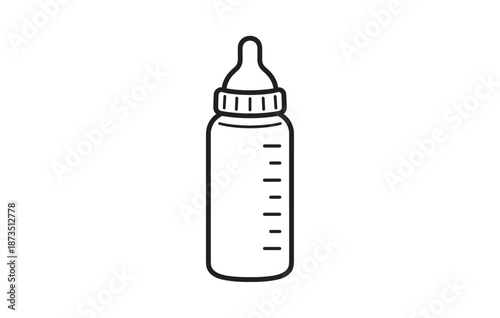 Outline drawing of baby bottle with measurement marks and nipple
