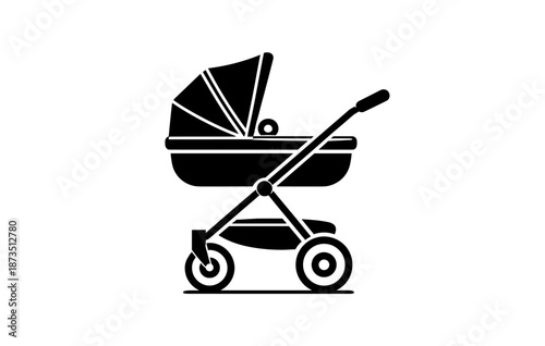 Black silhouette of a baby stroller with wheels on white background