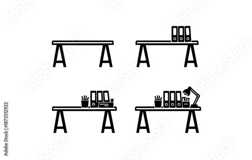 Organized workspace icons with desk accessories and storage solutions
