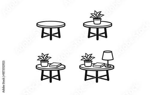 Set of stylish round tables with decor elements and plants