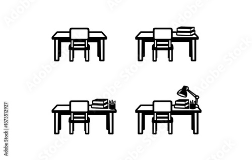 Study desk variations with books, lamp, and stationery in black and white line art