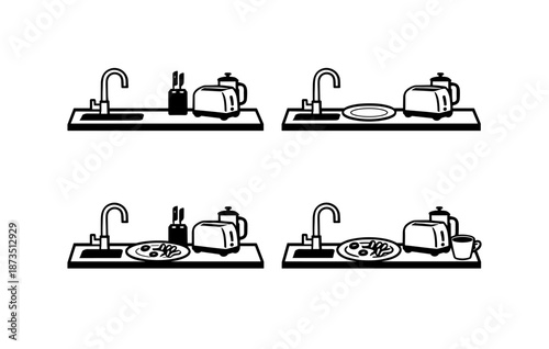 Progression of kitchen countertop items from empty to full with toaster and dishes