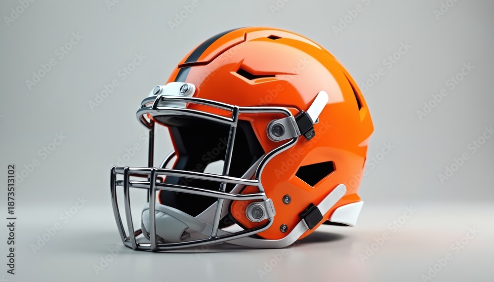 Fototapeta premium Bright orange football helmet with chrome facemask against neutral grey backdrop. Sport protective headgear stands out. Equipment for American football game. Protective gear for athletes. Concept of