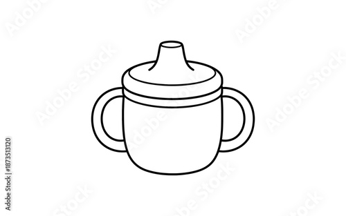 Simple line art illustration of a baby sippy cup with handles and a spout