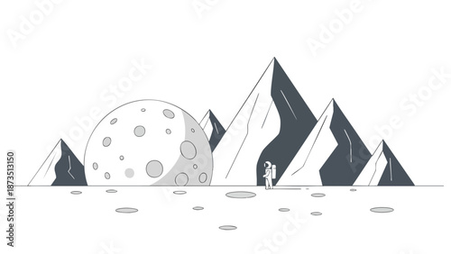 A stunning black and white illustration depicting two figures standing on a lunar landscape with towering mountains and a large cratered moon in the background, perfect for space-themed projects.
