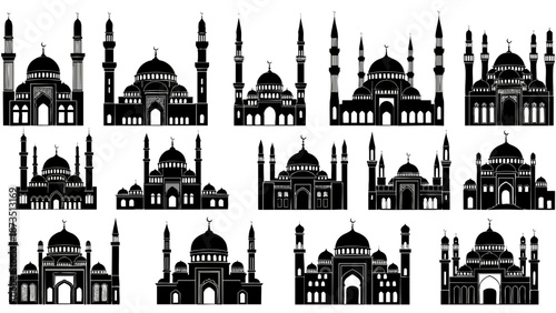 A stunning collection of intricate black silhouette illustrations of historical mosques showcasing diverse architectural styles perfect for cultural, artistic, or educational projects.