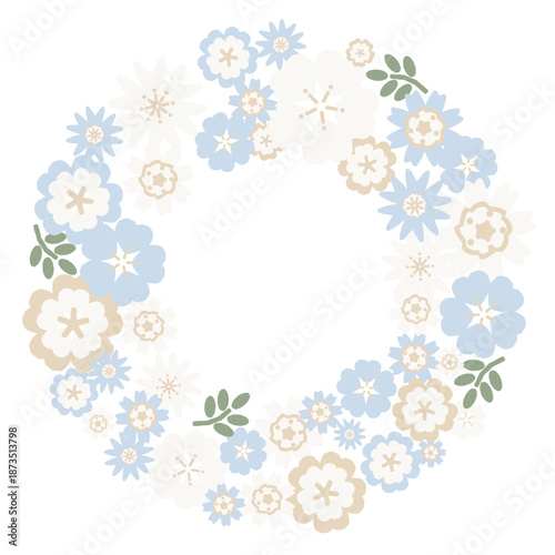 やさしいペーパークラフト風 水色と白の花のリース（主線なし・ベクター）
Gentle Paper Craft Style Light Blue and White Flower Wreath Vector
