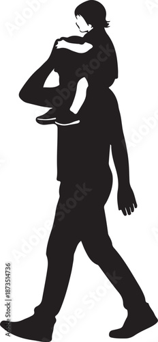 Silhouette of a man carrying a child on shoulders