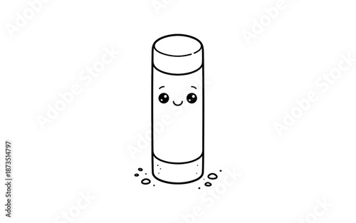 Cute cartoon glue stick character with a happy face and small particles around it
