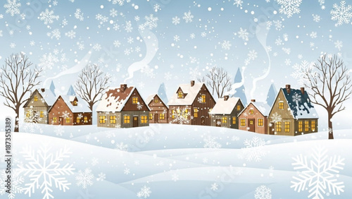 Snowy village scene with warmly lit houses and trees on a winter day with snowfall with winter scene and winter wonderland and cold