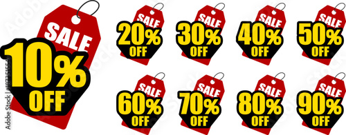 10％OFF、20％OFF、30％OFF、40％OFF、50％OFF、60％OFF、70％OFF、80％OFF、90％OFFのセールを表すディスカウントラベル　Discount Label SALE
