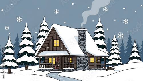 A charming snowy cabin nestled among pine trees on a winter night with snowflakes gently falling around it with cozy cabin with snowy trees