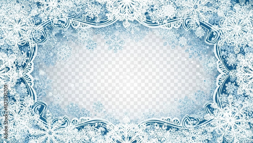 Winter snowflake frame with transparent background for photo or text overlay decorative border with ornate and pattern and swirl with cold
