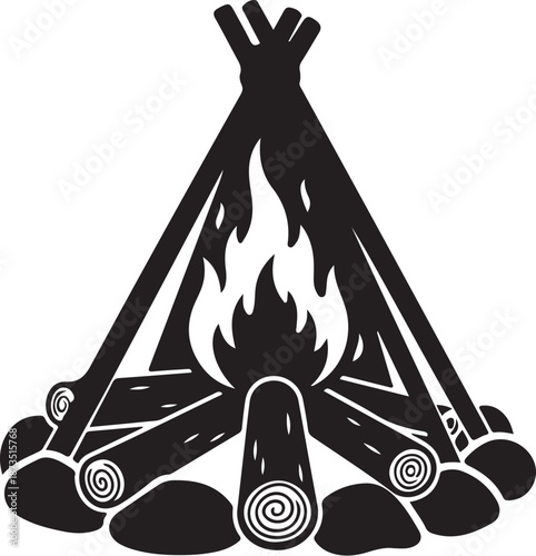Camping teepee with fire and logs illustration graphic design