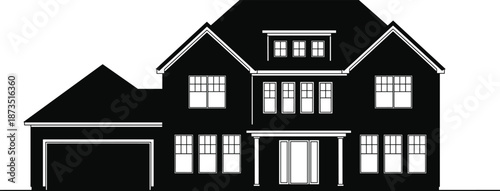 Suburban family house vector illustration with modern two story home and attached garage, black silhouette icon for residential architecture, real estate design