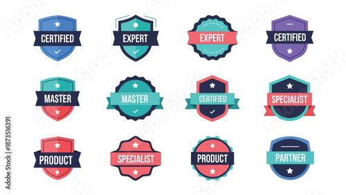 Vector illustration of various colorful certification badges and labels with words like with certified