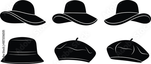 Women hat silhouettes vector set, fashion headwear collection including floppy hats and berets, elegant accessories icons, black minimal style illustration