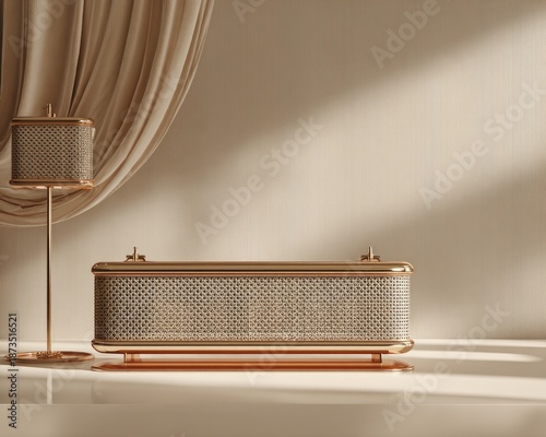 Gold Decorative Box And Lamp In Beige Room
