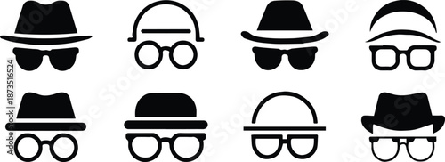 hat and glasses black silhouette icons headwear avatar set