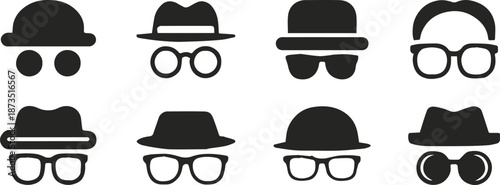 hat and glasses icon set minimalist silhouette vector pack