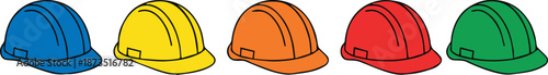 helmet five colored construction helmets in a row vector illustration