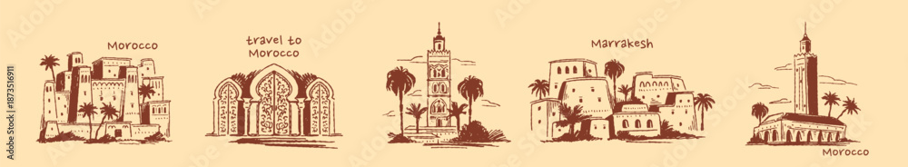 Fototapeta premium Travel to Morocco. Ink sketches of Marrakech tourist architectural landmarks. City street drawing with oriental ancient buildings. Hand drawn vector illustration collection isolated on background