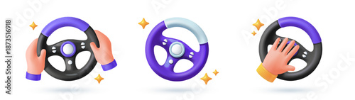Steering wheel 3D icon set. Concept of driving, operating car and vehicle. Design elements for apps, websites, or games. Plasticine style vector illustration collection isolated on background