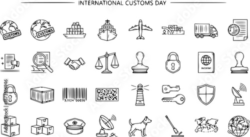 International Customs Day Doodle Line Art Icons Set - Global Trade, Shipping, Logistics, and Border Control Hand-drawn Symbols Collection