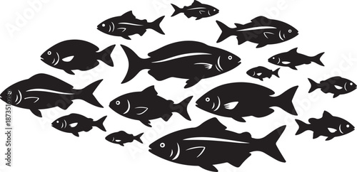 School of fish swimming together in black silhouette style