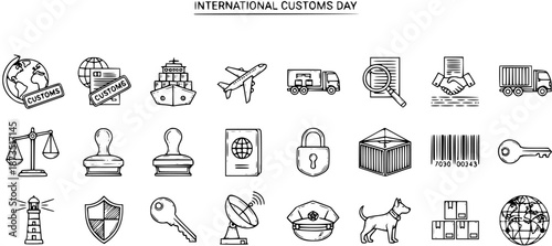 International Customs Day Line Art Icons Set. Hand-Drawn Black and White Doodle Symbols for Global Trade, Logistics, Shipping, and Border Customs Control