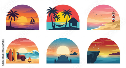 Captivating collection of six diverse tropical sunset illustrations, showcasing tranquil beach getaways, golden hour adventures, and serene coastal paradise scenes