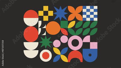 A vibrant mid-century modern botanical collage featuring flowers, leaves, and abstract shapes in a creative arrangement