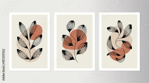 A minimalist abstract pattern design featuring leaves and plants in a modern aesthetic viewed from directly above