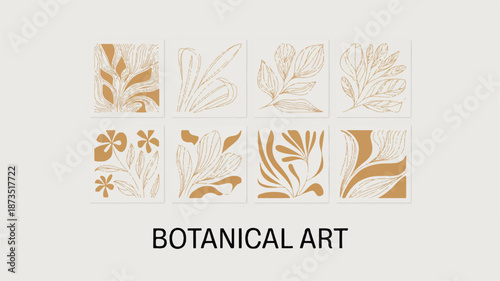 A serene collection of minimalist botanical art featuring leaves, flowers, stems, plants, and roots in a clean environment from a frontal viewpoint