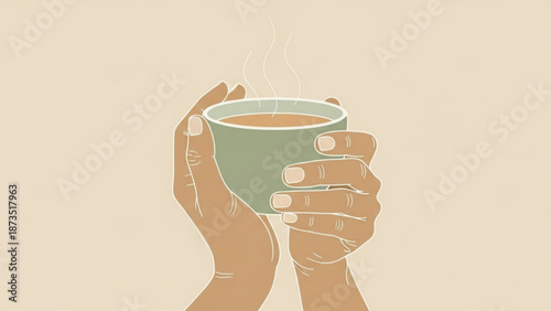 A pair of hands holding a steaming cup of coffee or tea on a neutral background in a minimalist illustration style with beverage with hot