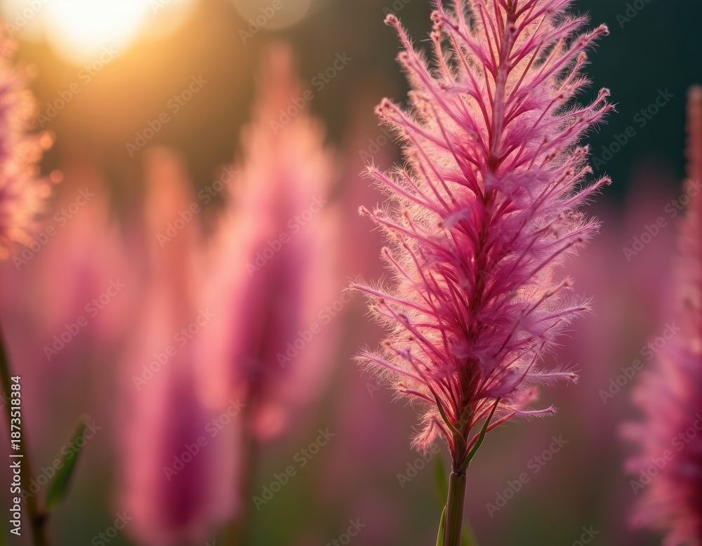 Fototapeta premium Pink fluffy grass plumes glow in golden hour sunset light. Wild cogonal alang-alang plants sway gently in warm breeze. Macro view of vibrant bloom.