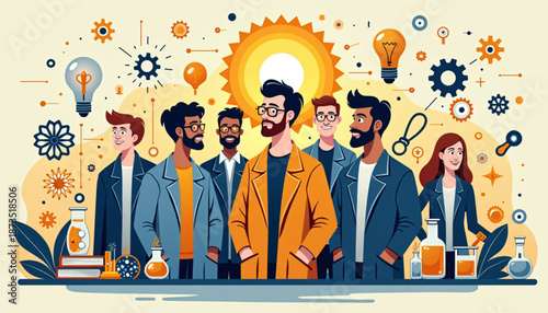 Creative Inventors and Innovation Concept Flat Line Art Vector Illustration