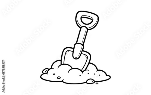 Simple line drawing of a toy shovel stuck in a pile of sand