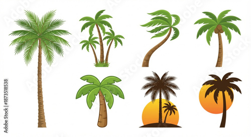 A diverse set of vibrant tropical palm tree illustrations, perfect for summer, beach, and exotic vacation designs, showcasing various shapes and lush greenery