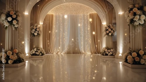 Elegant and luxurious event hall decorated with arches, columns, floral arrangements, and sparkling lights. Aesthetic indoor wedding venue.