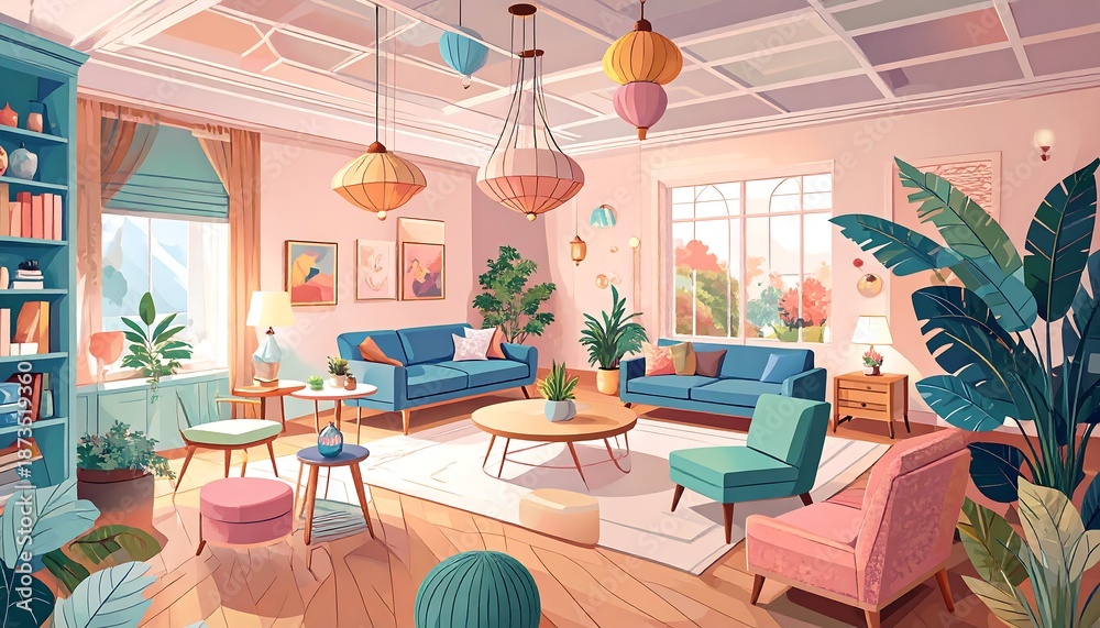 Fototapeta premium colorful modern living room interior illustration with furniture and p