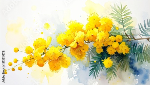 Vibrant watercolor mimosa flower background for International Women's Day greeting cards and spring season botanical art