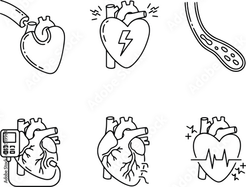 Heart health icons set medical cardiology disease symbols and treatment line art collection vector